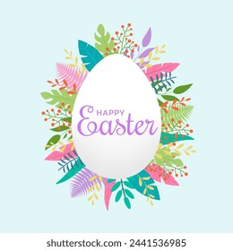 Happy Easter poster, banner with egg. Greeting card design with spring background. Vector illustration.