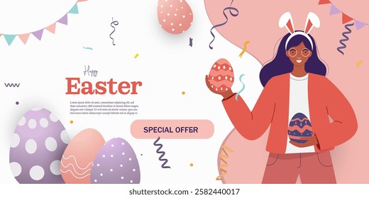 Happy Easter poster and banner with Easter egg background.  Easter Day in flat art vector illustration poster design.