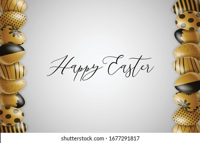 Happy Easter poster or banner. Golden eggs with black ornament. Realistic vector illustration.