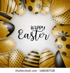 Afiche o pancarta feliz de Pascua. Huevos de oro con adorno negro. Ilustración vectorial realista.
