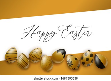 Happy Easter poster or banner. Golden eggs with black ornament. Realistic vector illustration.