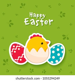 Happy Easter Poster, Banner, Greeting card, Flyer, Menu Templates. Vector illustration. Traditional symbols, flat icons. Frame with Easter Signs. Easter colored eggs and chicken