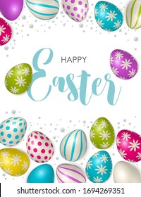 Happy Easter. Easter Poster And Banner Template With Easter Eggs. Congratulations And Gifts On The Day Of The Passover In A Reclining Style. Promotion And Trading Template For Easter