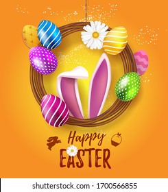 Afiche feliz de Pascua o pancarta con huevos de Pascua en la corona y orejas banas sobre fondo amarillo. Saludos para la promoción del Día de Pascua y plantilla de compras para Pascua. Ilustración del vector