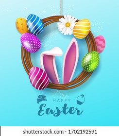 Happy Easter poster or banner template with Easter eggs in the wreath and banny ears on light blue background. Greetings for Easter Day promotion and shopping template for Easter. Vector illustration