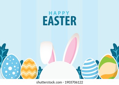 Happy Easter poster and banner template with Easter eggs in light blue background.Greetings and presents for Easter Day in flat design.