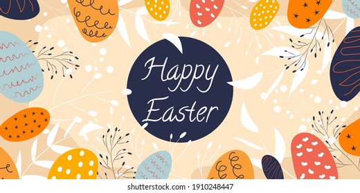 happy Easter poster and banner template with Easter eggs and white branches on a light pastel background. Trendy modern vector illustration