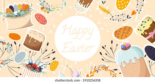 happy Easter poster and banner template with Easter eggs, easter cakes, kuliches, baskets, flowers, spring wreaths on a light pastel background. Trendy vector illustration of Easter paraphernalia