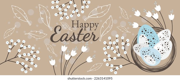 Happy Easter poster. Banner template with Easter eggs in a nest with feathers, flowers on a beige background. Congratulations on Easter. Suitable for Easter cards, banners - vector design.