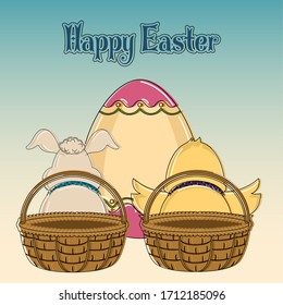 Happy easter poster. Basket with a bunny, duck and easter egg - Vector