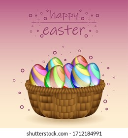 Afiche feliz de Pascua. Cesta con huevos de Pascua - Vector
