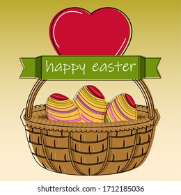 Fröhliches Ostern-Poster. Korb mit Ostereiern und rotem Herzen - Vektorillustration