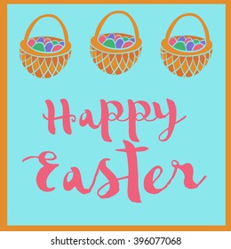 Happy Easter poster, basket with eggs on blue background. Vector illustration. 