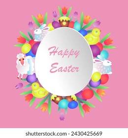 Happy Easter.  Poster, booklet, greeting card, banner, cover design with traditional Easter items. Easter cupcake, bunny, lamb, chicken, eggs around a paper egg. Circular composition.