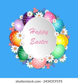 Happy Easter.  Poster, booklet, greeting card, banner, cover design with traditional easter eggs and flowers on blue background around paper egg with lettering. Circular composition.