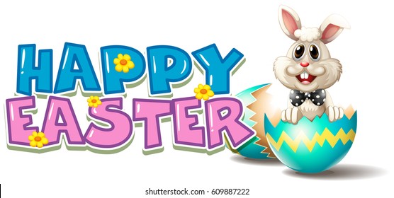 Happy Easter poster with bunny in blue egg illustration