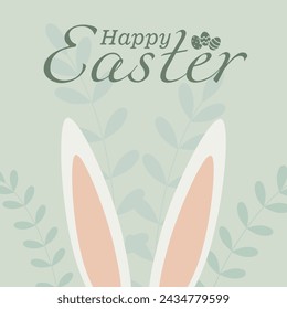 Póster de Pascua feliz con orejas de conejito sobre fondo verde pastel. Postal de Pascua con lindas orejas de conejo, banner para las vacaciones de primavera, publicaciones en redes sociales. 