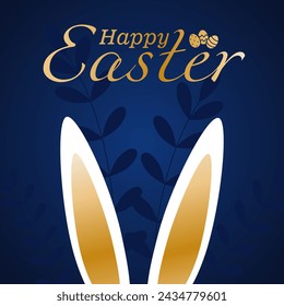 Happy Easter poster with bunny ears on royal blue background and golden letters. Easter postcard with cute rabbit ears, banner for spring holidays, social media posts.