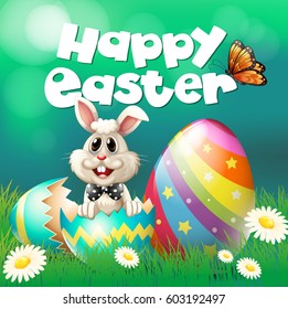 Happy Easter poster with bunny and eggs illustration