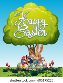 Happy Easter poster with bunny and eggs under the tree illustration