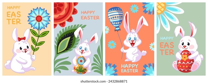 Póster de Pascua feliz con conejito de Pascua, flores y huevos con patrón floral tradicional