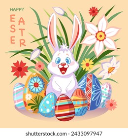 Happy Easter poster with Easter bunny, flowers and eggs with traditional floral pattern