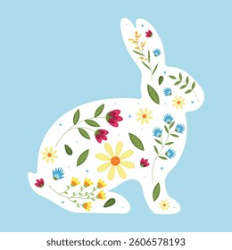 Happy Easter poster. Easter bunny with flowers with watercolour texture  on blue background. Design for greeting cards, posters, decorations. Easter template. Flat style.Vector illustration.