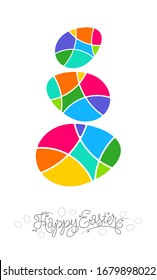 Fröhliches Osterposter oder -karte. Kalligraphie-Inschrift und dekorative mehrfarbige Eier. Design für Grußkarte, Einladung oder Poster.