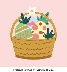 happy easter poster and card design. bunny and eggs hand drawing style. 