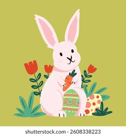 happy easter poster and card design. bunny and eggs hand drawing style. 