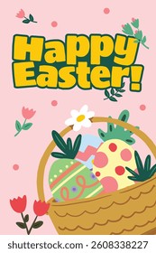 happy easter poster and card design. bunny and eggs hand drawing style. 