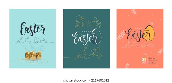Happy Easter poster and card. Set of Easter design with typography. Continuous one line drawing Easter bunny. Modern minimalist. Vector illustration poster, banner, greeting card, header for website