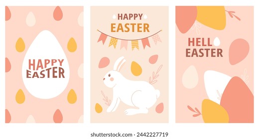 Happy Easter poster, card, set. Easter eggs, bunny. Spring modern vector illustration
