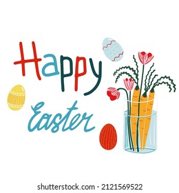 Fröhliches Osterposter mit Karotten und Blumen in Vase. Vektorgrafik für Grußkarten, Dekorationen von Fenstern, Kleidung, Banner, Flyer, Webseiten