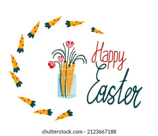 Happy Easter poster with carrot and flowers in vase. Vector illustration for greeting cards, decorations of windows, clothes, banners, flyers, web sites