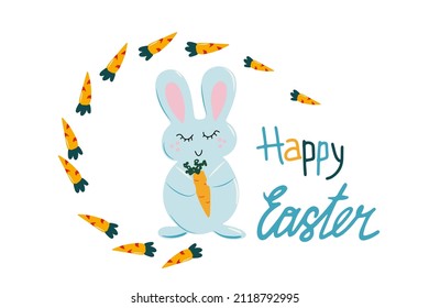 Happy Easter poster with carrot and rabbit. Vector illustration for greeting cards, decorations of windows, clothes, banners, flyers, web sites, posts.