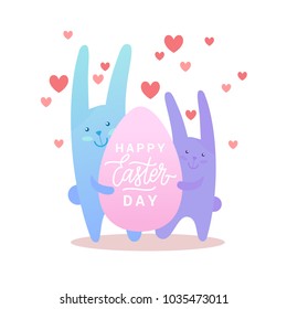 Happy easter poster with  cartoon purple and blue bunnies that hold in a hand pink egg with love, invitation calligraphy card. The season of joy. Flat vector illustration.