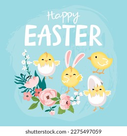 Happy Easter poster with chickens.Cheerful characters in eggshell, rabbit ears, flower bouquet and hand written text.Pastel pink and yellow on light blue background.Vector flat cartoon illustration.