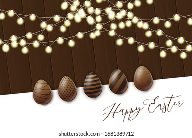 Happy Easter poster. Cholocate eggs with decoration on wooden brown board with garland lights. Golden lettering. Vector illustration.