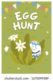 Happy easter poster. Colored egg with cute face hiding on a green lawn. Easter egg with funny face. Egg hunt. Flat style vector illustration