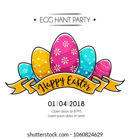 Happy Easter poster with Colored Easter eggs and ribbon. Happy Easter lettering. Happy Easter invitation. Sketching style. Holiday illustration