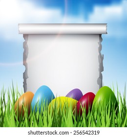 happy easter poster, colored eggs on the grass on a colorful background
