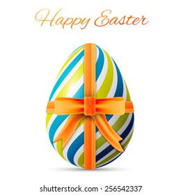 happy easter poster, colorful egg with yellow ribbon on a white background