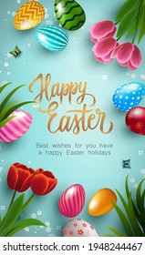 Happy Easter Poster with colorful Easter Eggs and tulip flowers on blue background. Gift and invitation greeting card template for Easter Day. Shopping banner, sale and discounts. Vector illustration