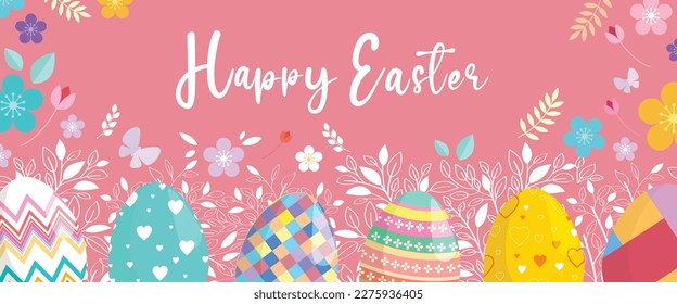 Happy easter poster colorful eggs nature elements flower leaves decor.