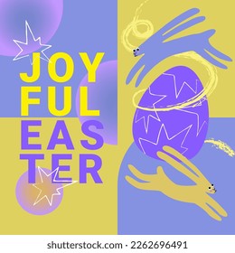 Happy easter poster with colourful bunnies, decorated eggs and lettering. Joyful easter gift card, poster, banner concept. Modern minimalistic easter design.