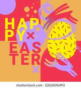Happy easter poster with colourful bunnies, decorated eggs and lettering. Joyful easter gift card, poster, banner concept. Modern minimalistic easter design.