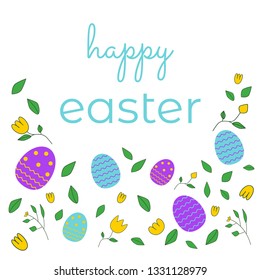 happy easter poster with colourful eggs and flowers and green leaves