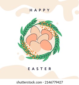 Happy Easter poster. Easter composition with eggs, spring flowers and greenery. Modern editable vector design.