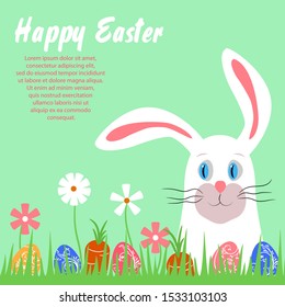 Happy easter poster. Cute easter bunny peeps out of the grass. Easter eggs, carrots, flowers in the grass. Children flat illustration for card, invitation, egg hunting, holiday sale. 
White Rabbit